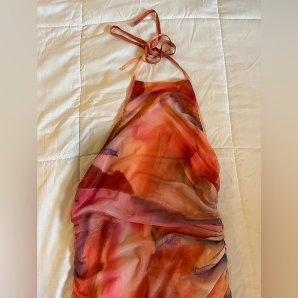 Zara Pink Tie Dye Mesh Halter Ruched Bodycon Midi Dress - Picture 3 of 6